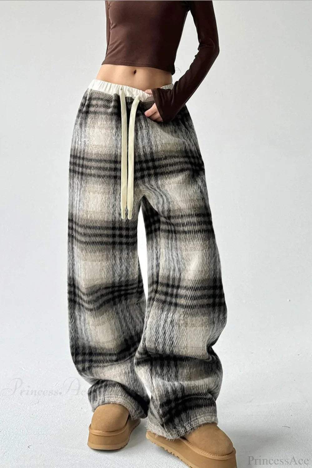 Loose Fit Woolen Plaid Wide Leg Pants