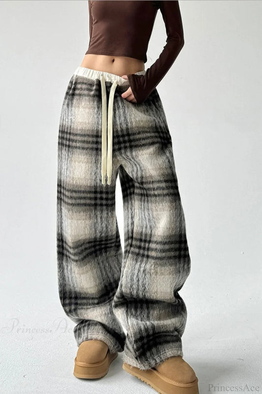 Loose Fit Woolen Plaid Wide Leg Pants