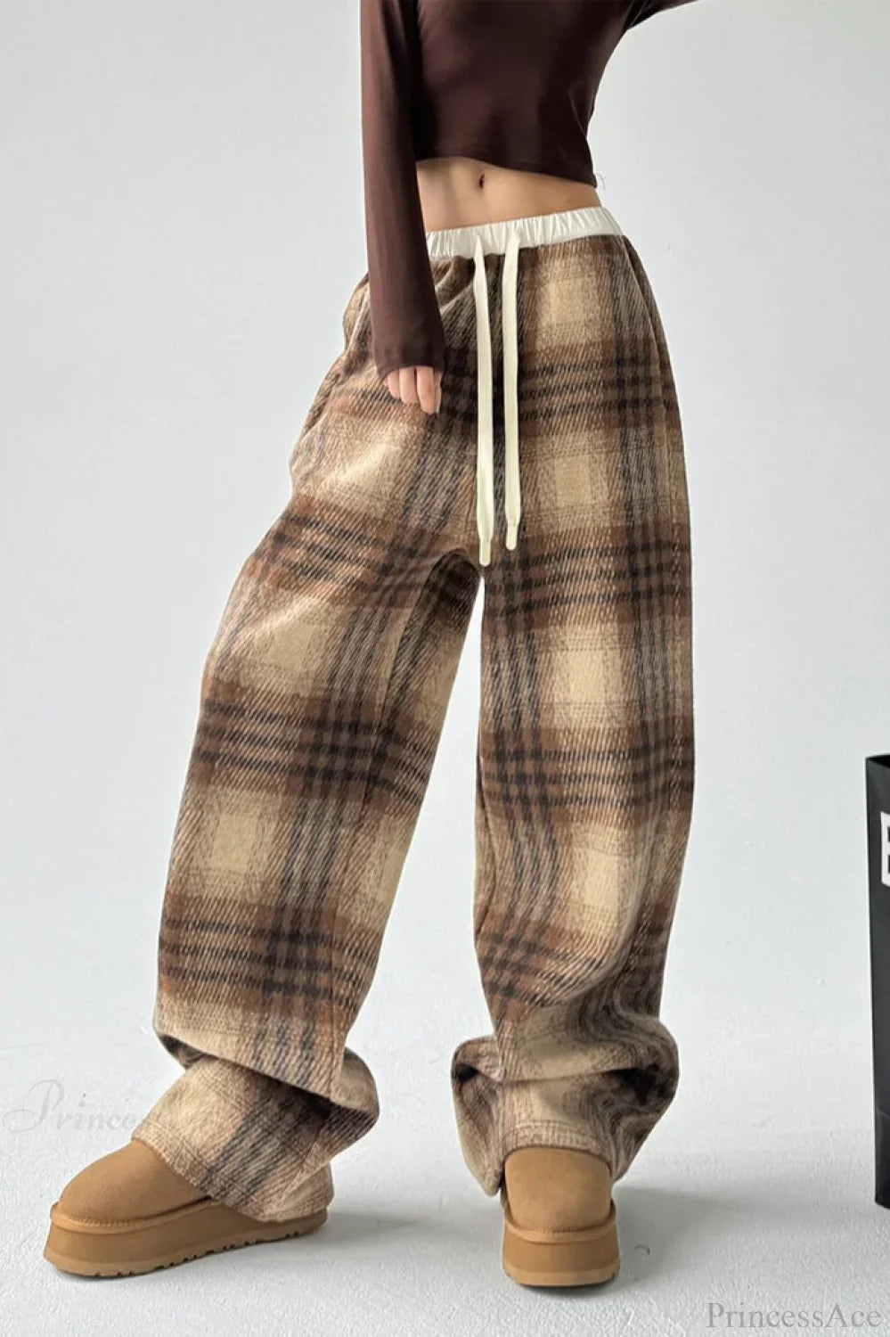 Loose Fit Woolen Plaid Wide Leg Pants