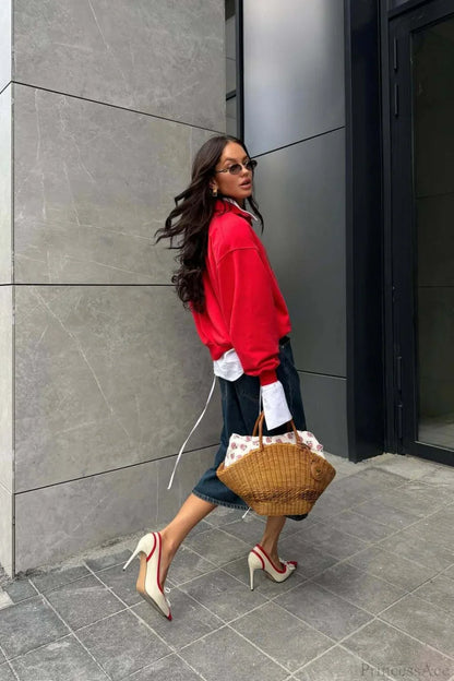 Loose Red Script Half-Zip LS Sweatshirt