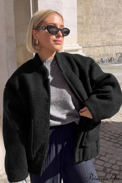 Loose Stand Collar Textured Wool Casual Coat