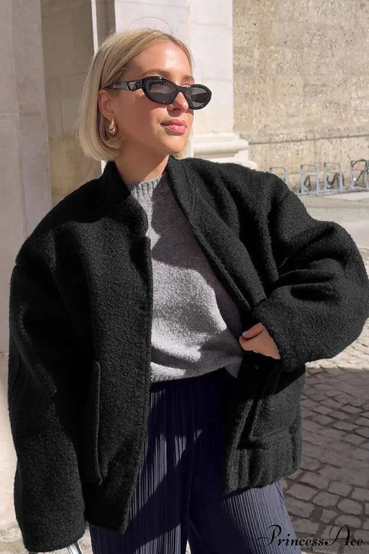 Loose Stand Collar Textured Wool Casual Coat