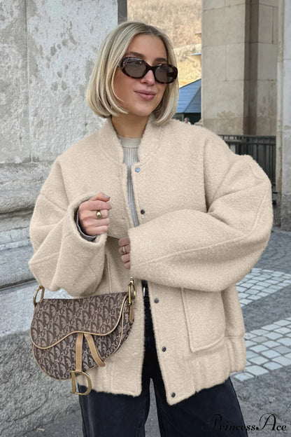 Loose Stand Collar Textured Wool Casual Coat