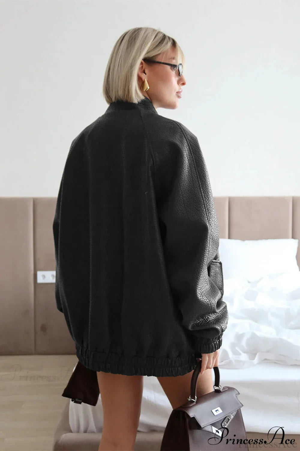 Loose Stand Collar Zipper Textured PU Leather Coat