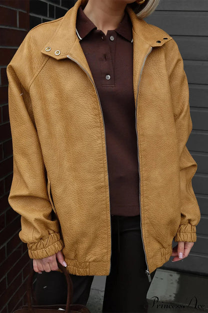 Loose Stand Collar Zipper Textured PU Leather Coat