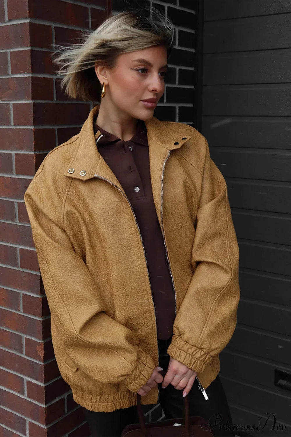 Loose Stand Collar Zipper Textured PU Leather Coat