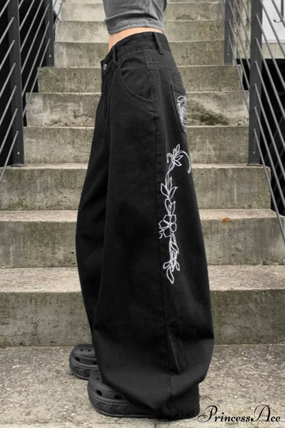 Loose Straight Leg Embroidered Low Waist Jeans