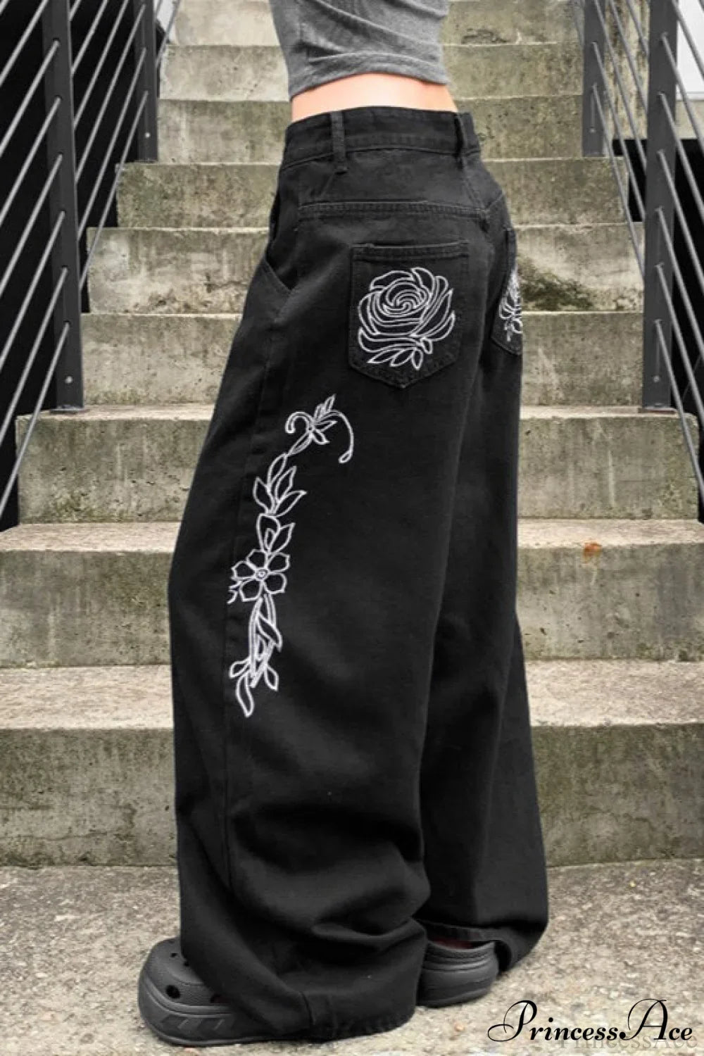 Loose Straight Leg Embroidered Low Waist Jeans