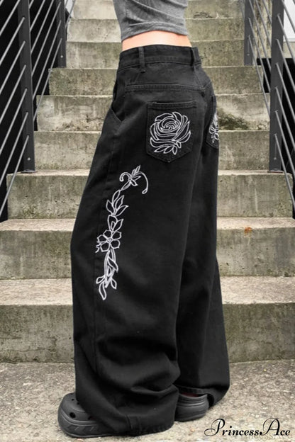 Loose Straight Leg Embroidered Low Waist Jeans