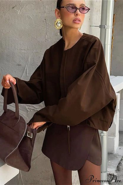 Loose Zip Crewneck Short Long Sleeve Coat