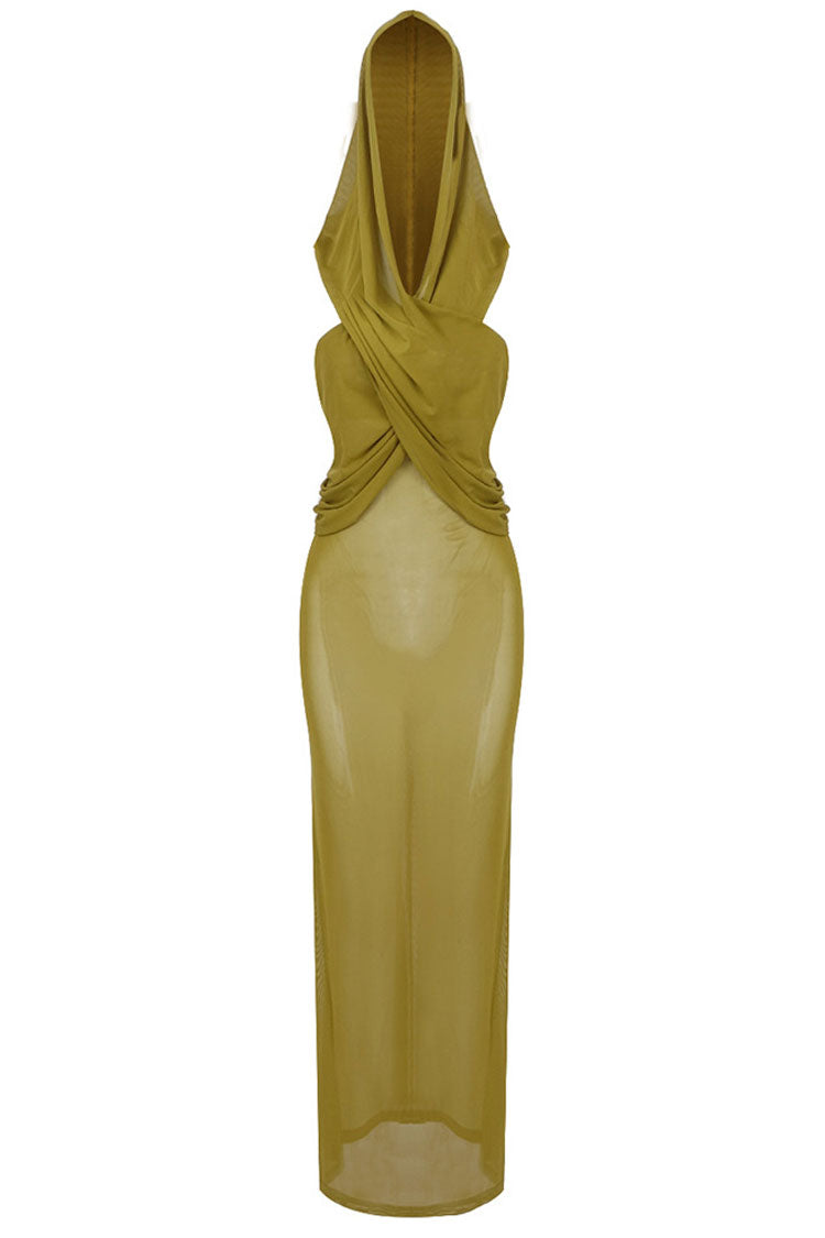 Hooded Wrap Drape Sleeveless Bodycon Maxi Dress