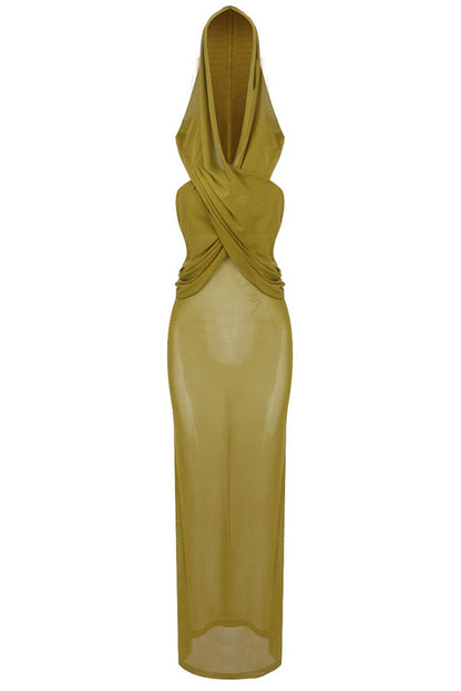 Hooded Wrap Drape Sleeveless Bodycon Maxi Dress