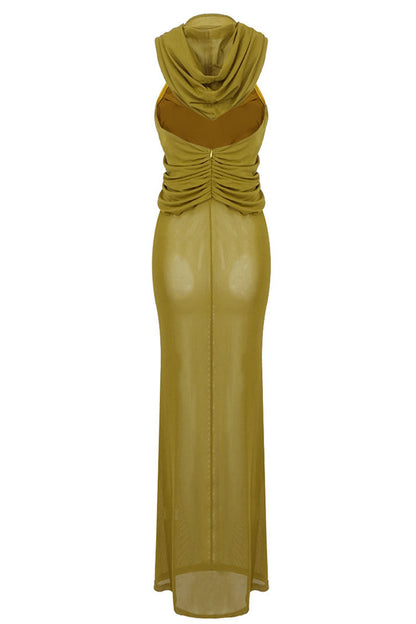 Hooded Wrap Drape Sleeveless Bodycon Maxi Dress