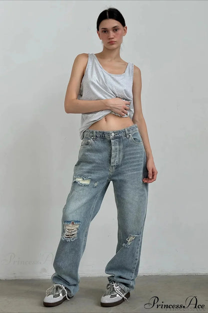 Low Rise Distressed Patchwork Jean