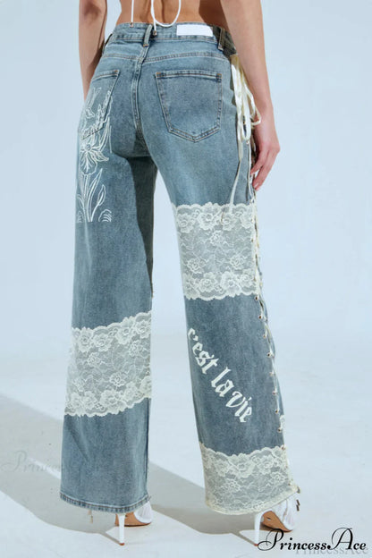 Low Waist Lace Panel Straight Stylish Jeans