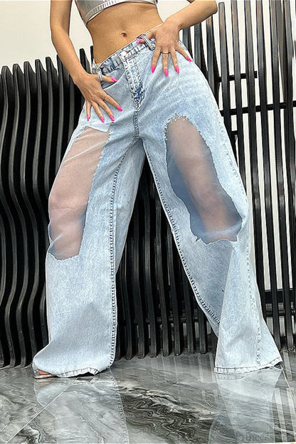 Low Waist Ripped Mesh Panel Wide Leg Jeans