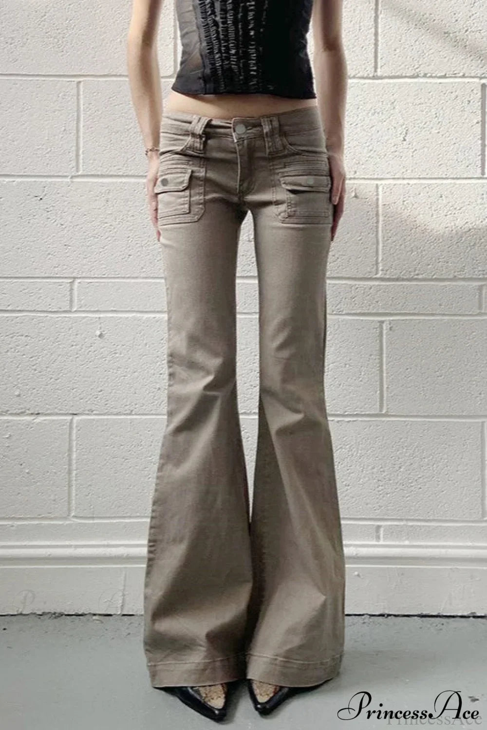 Low Waisted Slim Cargo Flared Leg Jeans