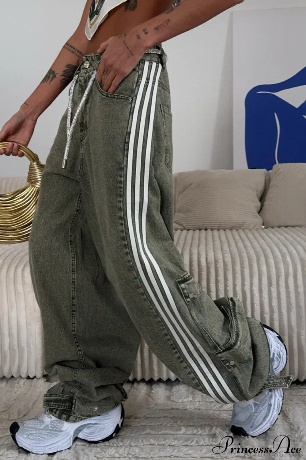 Low Waisted Striped Flowy Wide Leg Jeans