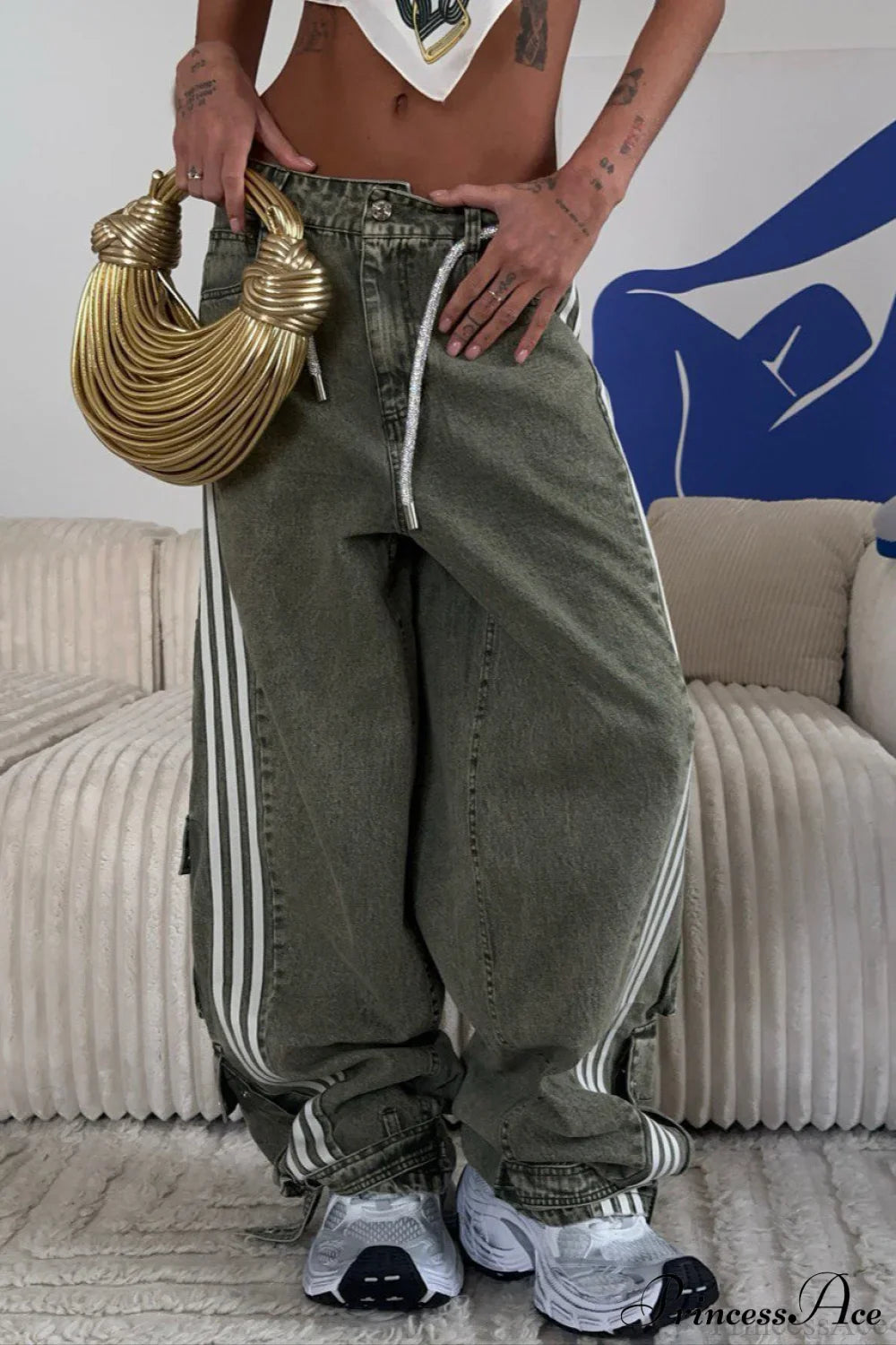 Low Waisted Striped Flowy Wide Leg Jeans