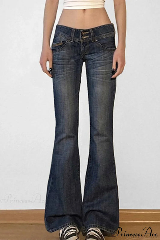 Low Waisted Washed Slim Flared Leg Jeans