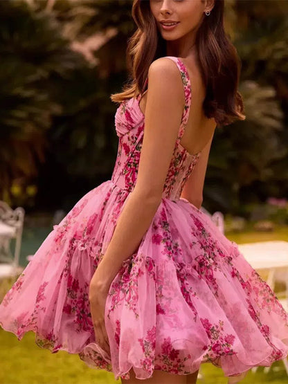 Date Night Dresses Mini Flowers Ruffles Sleeveless Floral Print V-Neck Chic Red Dress