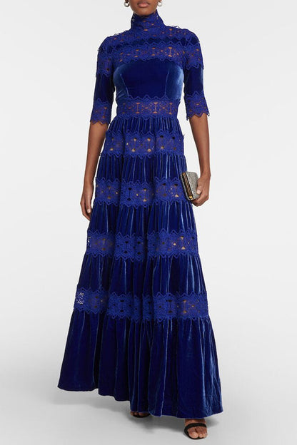 Mock Neck Lace Insert Short Sleeve Tiered Velvet Maxi Dress