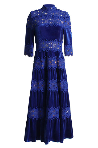 Mock Neck Lace Insert Short Sleeve Tiered Velvet Maxi Dress
