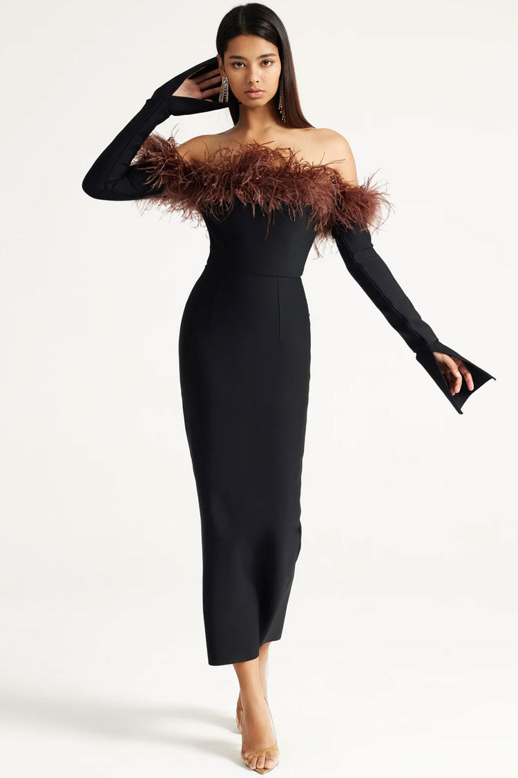 Feather Trim Off Shoulder Split Cuff Long Sleeve Bandage Midi Dress