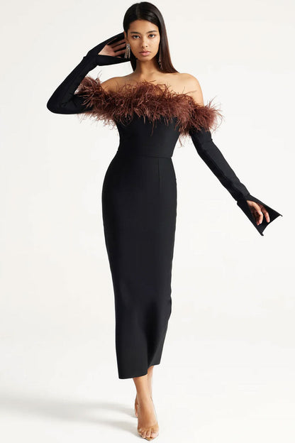Feather Trim Off Shoulder Split Cuff Long Sleeve Bandage Midi Dress