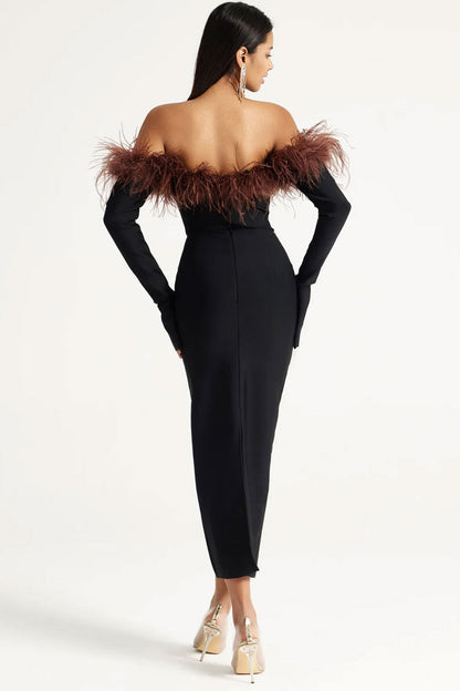 Feather Trim Off Shoulder Split Cuff Long Sleeve Bandage Midi Dress