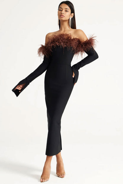 Feather Trim Off Shoulder Split Cuff Long Sleeve Bandage Midi Dress