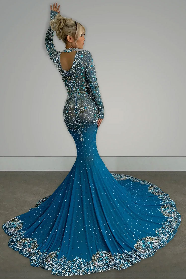 High Neck Long Sleeve Sheer Mesh Rhinestone Mermaid Train Maxi Gown