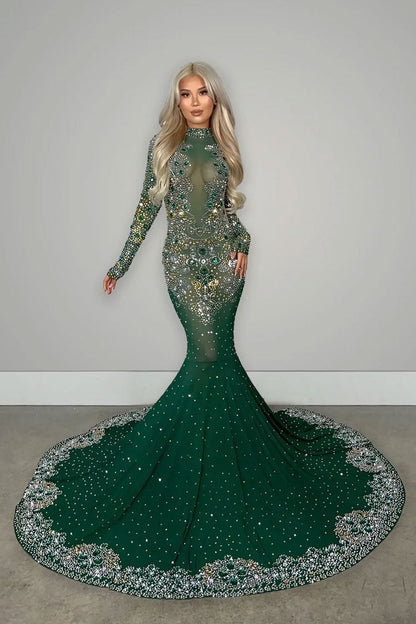 Mock Neck Long Sleeve Rhinestone Mesh Mermaid Train Maxi Gown