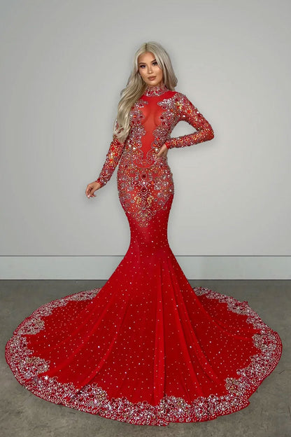 Mock Neck Long Sleeve Rhinestone Mesh Mermaid Train Maxi Gown