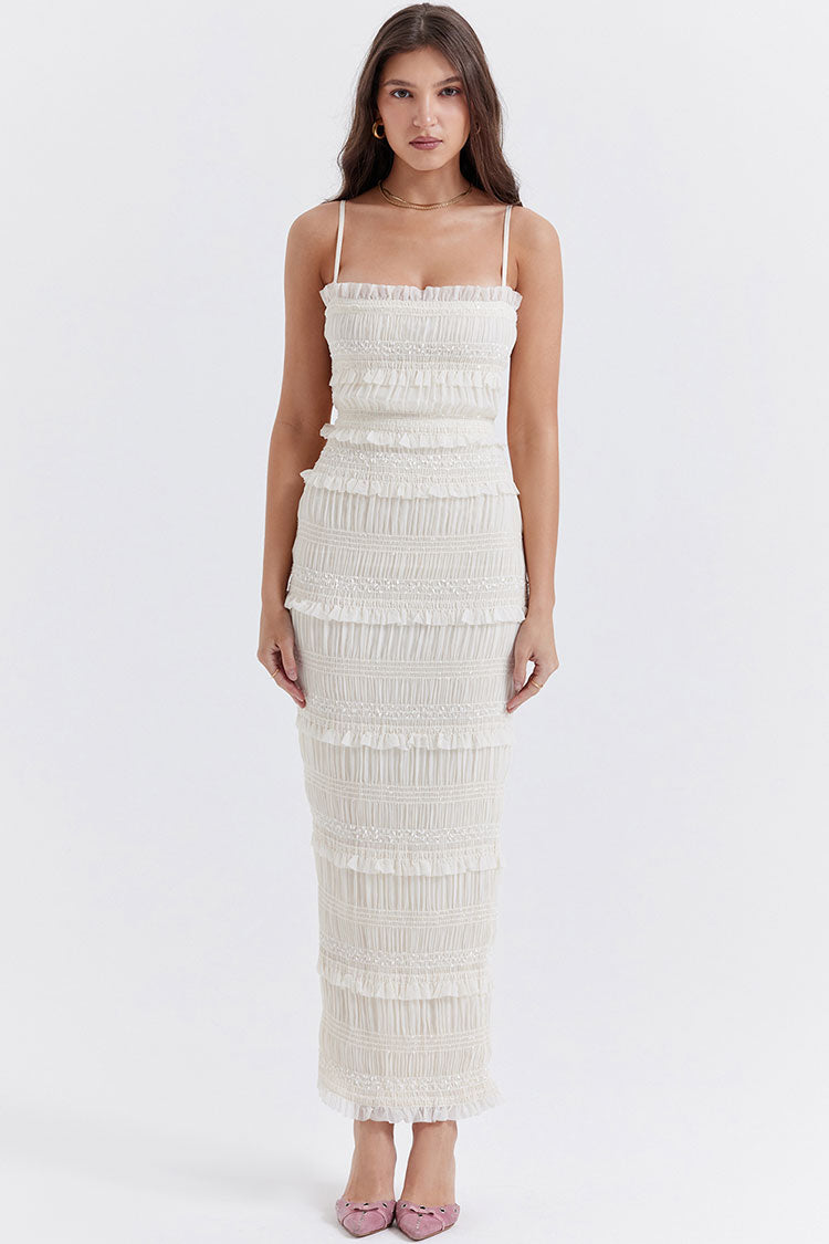 Ruffle Trim Smocked Pleated Spaghetti Strap Tiered Bodycon Maxi Dress