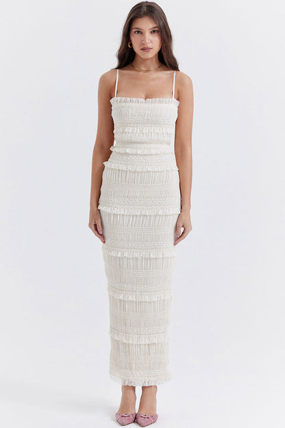 Ruffle Trim Smocked Pleated Spaghetti Strap Tiered Bodycon Maxi Dress