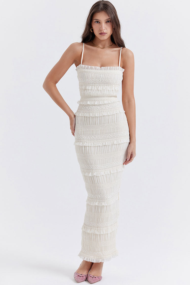 Ruffle Trim Smocked Pleated Spaghetti Strap Tiered Bodycon Maxi Dress