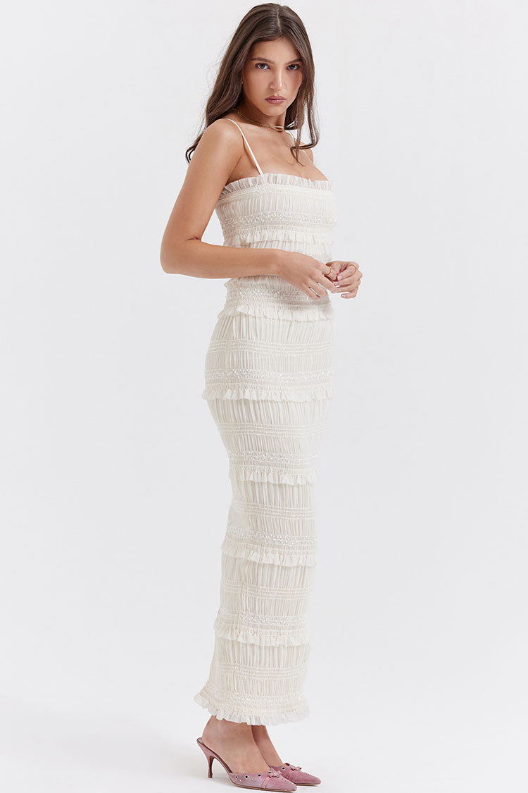 Ruffle Trim Smocked Pleated Spaghetti Strap Tiered Bodycon Maxi Dress