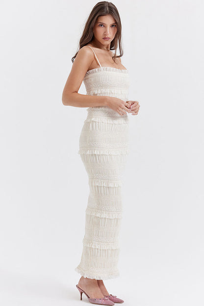 Ruffle Trim Smocked Pleated Spaghetti Strap Tiered Bodycon Maxi Dress