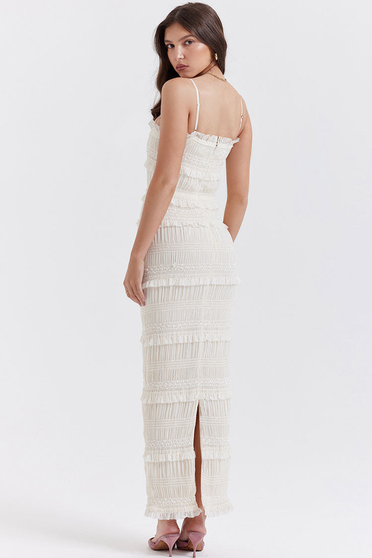 Ruffle Trim Smocked Pleated Spaghetti Strap Tiered Bodycon Maxi Dress