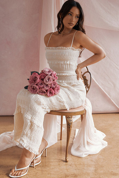 Ruffle Trim Smocked Pleated Spaghetti Strap Tiered Bodycon Maxi Dress