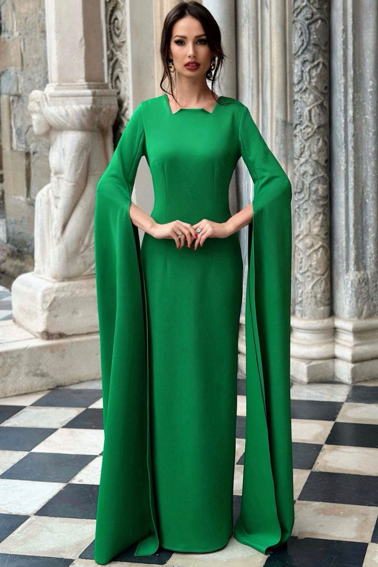 Notched Crew Neck Cape Sleeve Column Maxi Gown