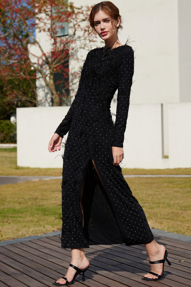 Rhinestone Feather Trim Long Sleeve High Split Mesh Maxi Dress