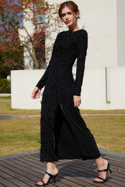 Rhinestone Feather Trim Long Sleeve High Split Mesh Maxi Dress