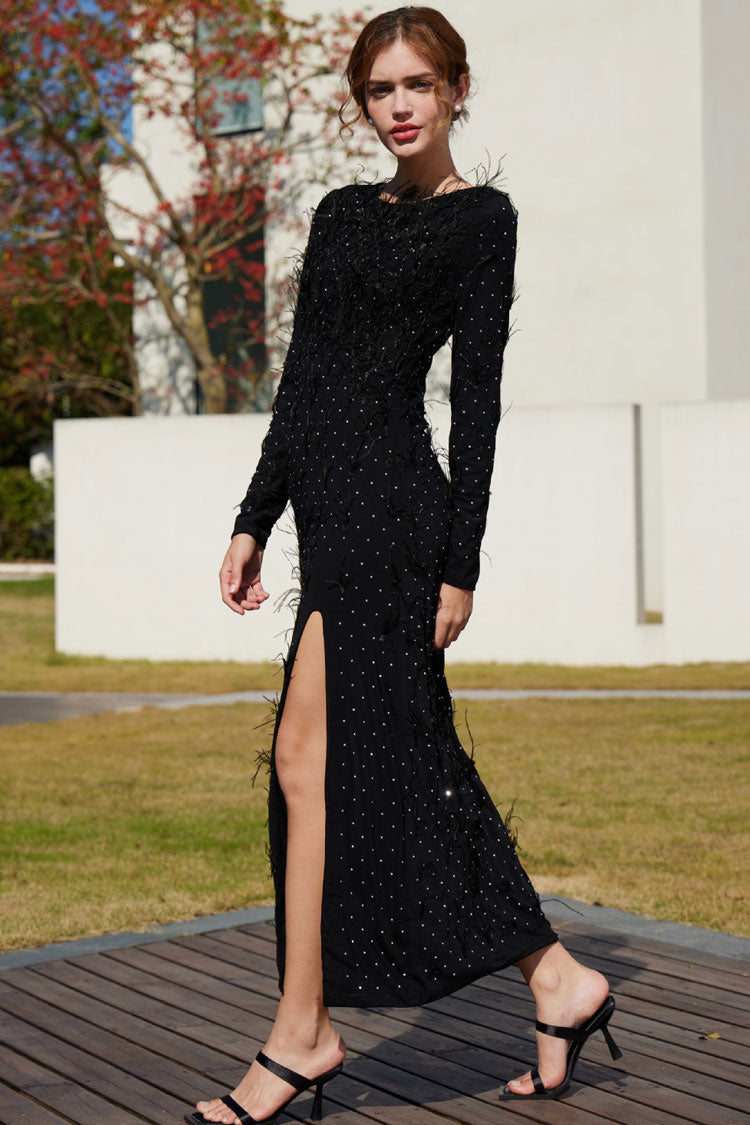 Rhinestone Feather Trim Long Sleeve High Split Mesh Maxi Dress