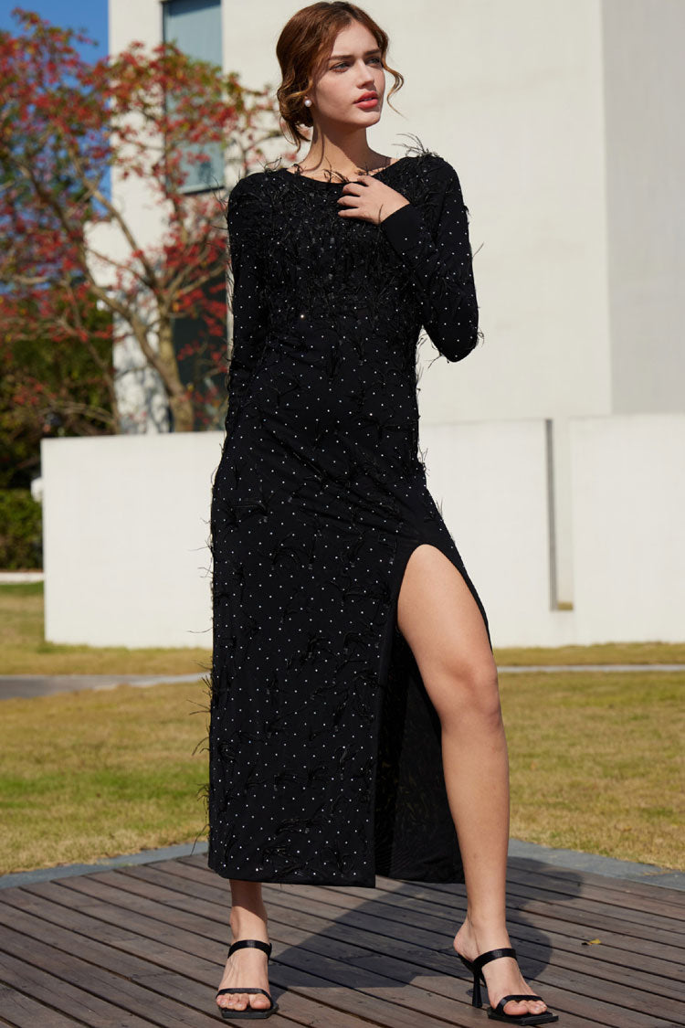 Rhinestone Feather Trim Long Sleeve High Split Mesh Maxi Dress