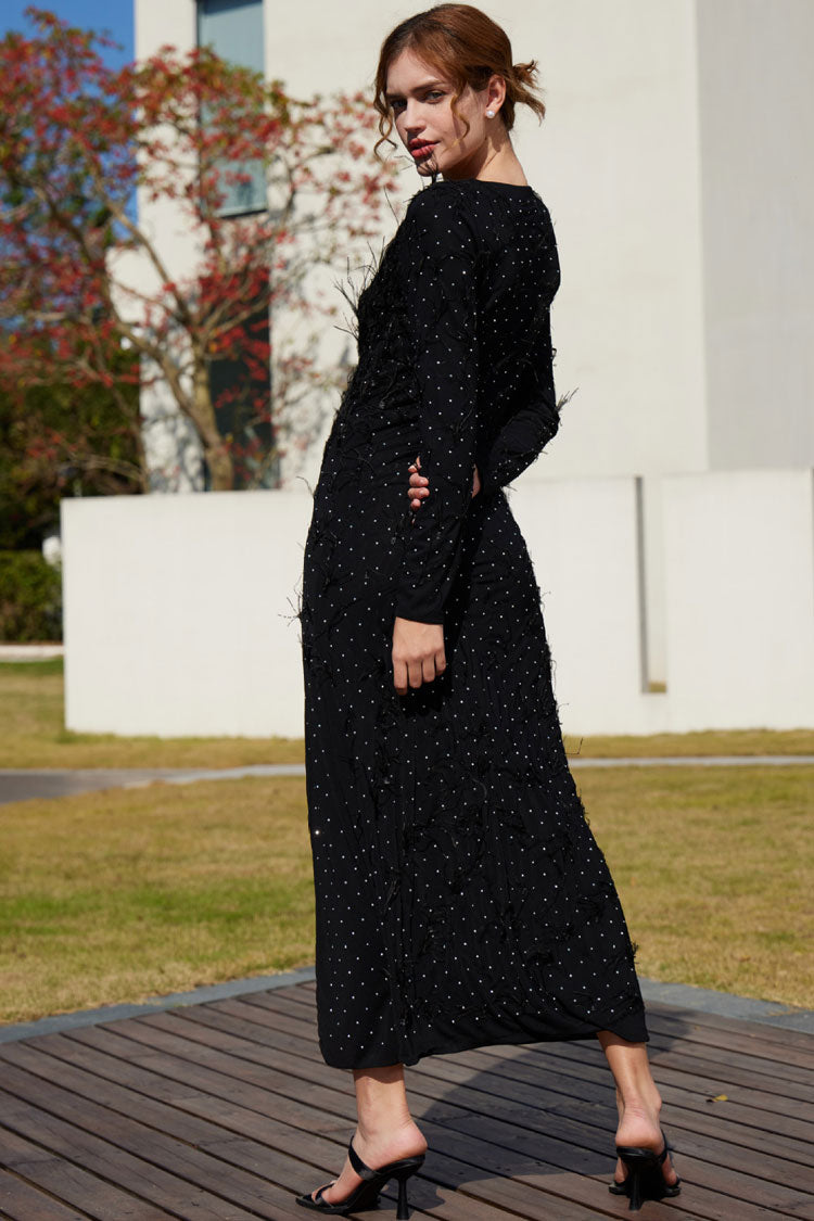 Rhinestone Feather Trim Long Sleeve High Split Mesh Maxi Dress