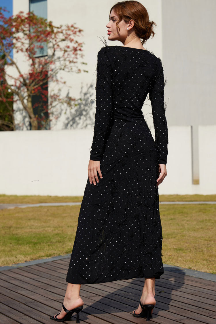 Rhinestone Feather Trim Long Sleeve High Split Mesh Maxi Dress