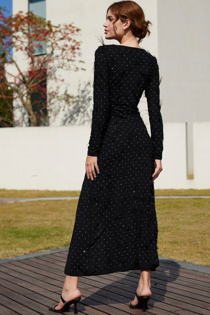 Rhinestone Feather Trim Long Sleeve High Split Mesh Maxi Dress