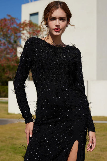 Rhinestone Feather Trim Long Sleeve High Split Mesh Maxi Dress